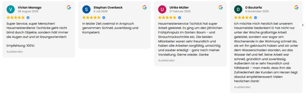 Bewertungen auf Google zum Hausmeisterservice Tschöcke. Hausmeisterdienst aus Köln